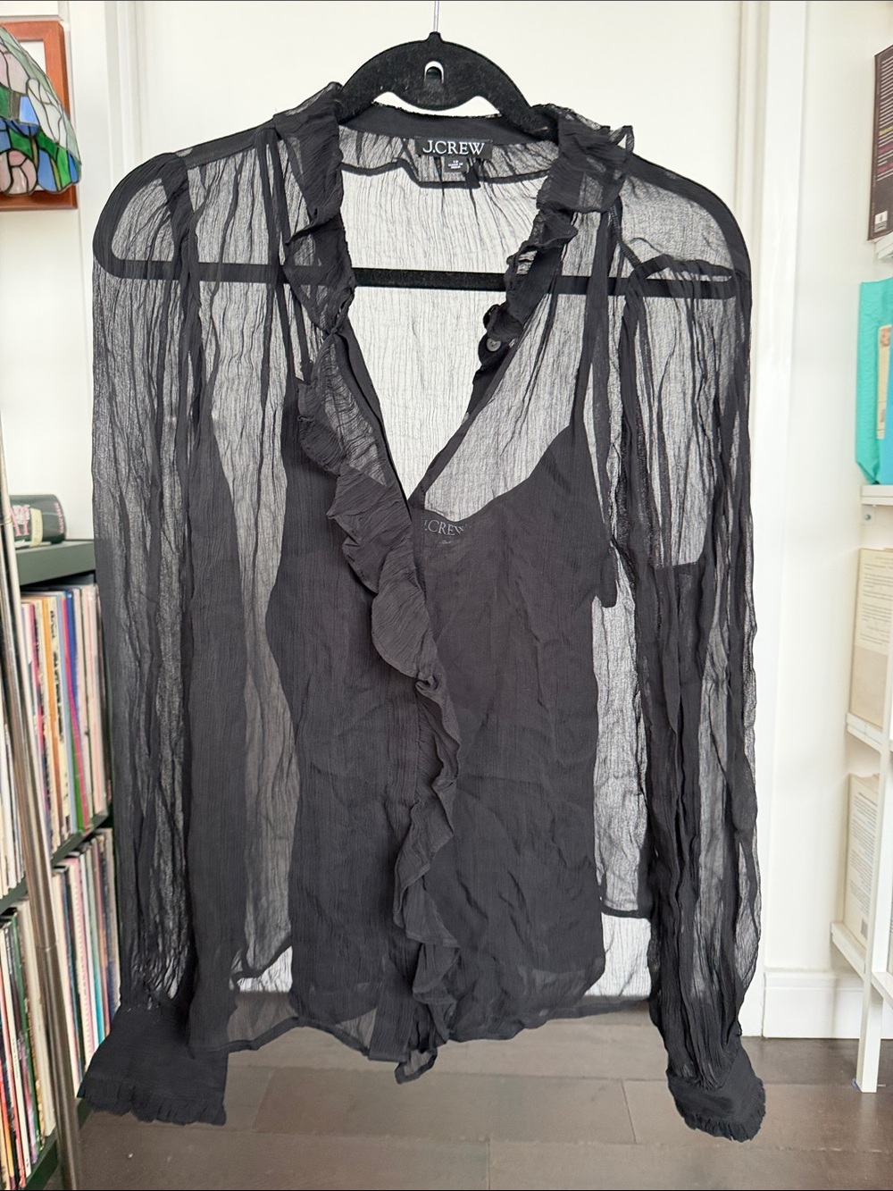 J. Crew Black Ruffle Sheer Long-Sleeve Blouse